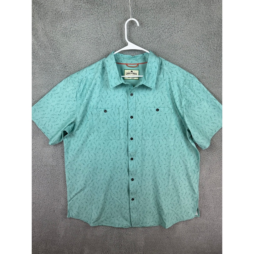 Lake & Trail Shirt Mens XL Short Sleeve Button Up Outdoor Fishing Pockets Green